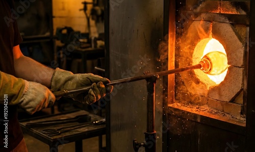 glassblower s hands turning a molten glass gathering on a blowpipe inside a glory hole furnace