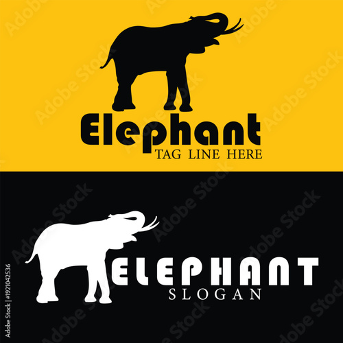 Elephant Silhouette icon wit logo text on white. Simple vector illustration, black big asian elephant, Walking big elephant strong power, Elephant sign and symbol logo icon closeup