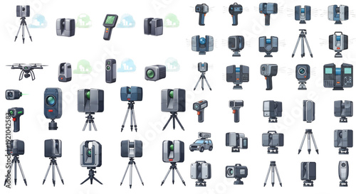 Realistic 3D Laser Scanning and LiDAR Equipment Collection, realistic 3D laser scanning, LiDAR equipment, including terrestrial scanners on tripods, handheld scanners, drones with holographic data