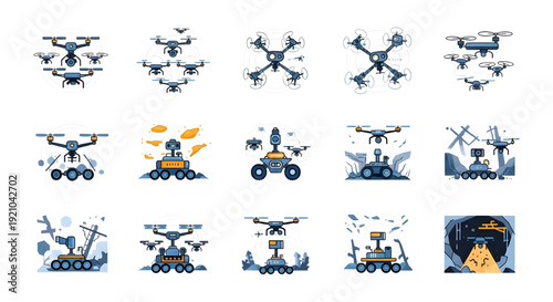 Futuristic Robotics and Drone Exploration Set Illustration,  A set of vector illustrations featuring a variety of futuristic robotic vehicles and drones engaged in exploration, construction, 