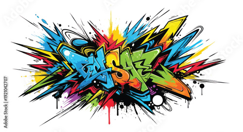 Vibrant graffiti spray paint art with bold lettering and energetic splashes.