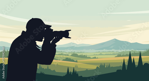 Man Silhouette Using Binoculars Outdoors.