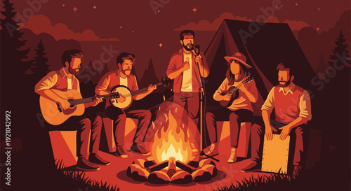 Men Playing Music Around Campfire Together.