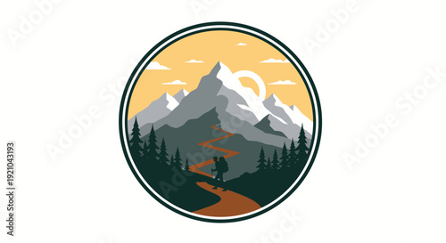 Mountain Landscape Graphic Illustration in Circle.
