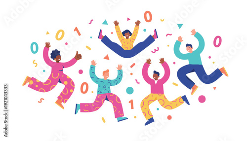 Diverse Team Celebrating Digital Success, Data Achievements, and Collaborative Wins