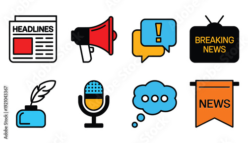 Media and communication icon set illustrating news reporting, broadcast channels, information sharing, journalism, and multimedia communication symbols in clean vector style.