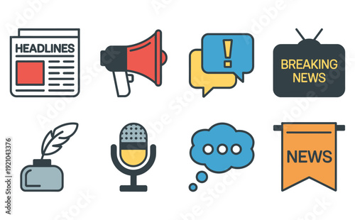 Vector collection of media and communication icons for news, broadcasting, journalism, information services, online media, and digital communication interface design.