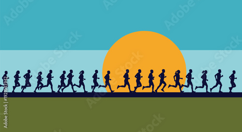 Silhouetted Runners in Motion Against Sunset.