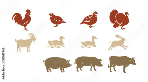 Farm animal icons featuring a rooster, quail, turkey, goat, duck, hare, pig, and cow, rendered in black on a beige background.