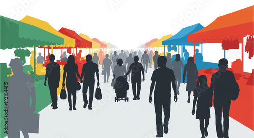 Silhouetted People Walking in Busy Market Scene.