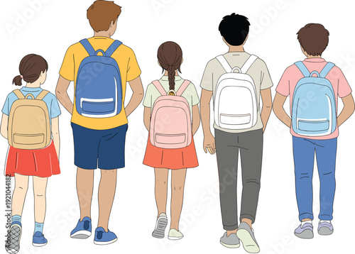 PrintSilhouette children and teenagers standing together, backpacks illustration, casual clothing concept, student group, education theme, daily routine representation