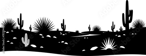 Arid desert landscape silhouette with saguaro cacti and agave plants Cactus