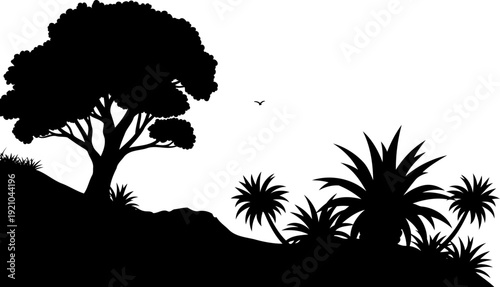 Agave plants growing on a hillside under a tree