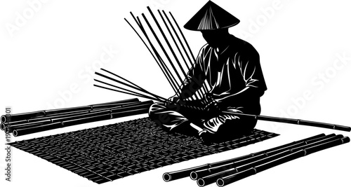 Artisan weaving a traditional mat from bamboo stalks silhouette