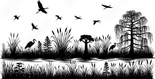 Birds flying over a wetland marsh with herons