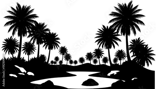Coastal palm oasis silhouette with tropical water and rocks