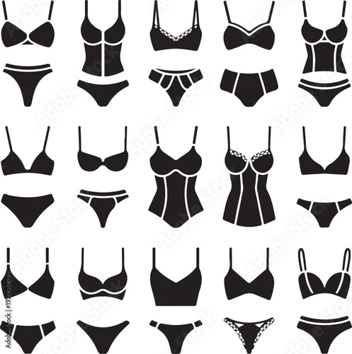 Bra design and panties styles vector flat silhouette icons set. Female underwear pictogram collection. Lingerie fashion infographic elements. Woman wardrobe garments. Various clothes isolated symbols