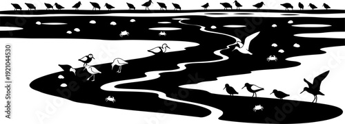 Coastal wetland marsh with shorebirds and crabs silhouette