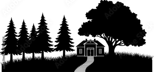 Countryside cottage silhouette nestled between pine and oak trees