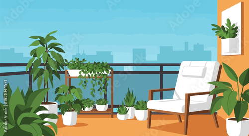 Potted Plants and White Chair on Balcony.