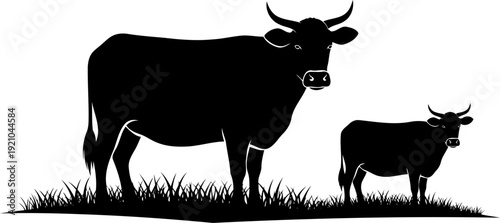 Cow and calf silhouette standing in farm pasture