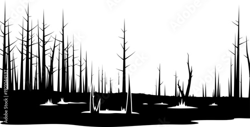 Dead forest landscape silhouette with bare tree trunks in a marshy environment