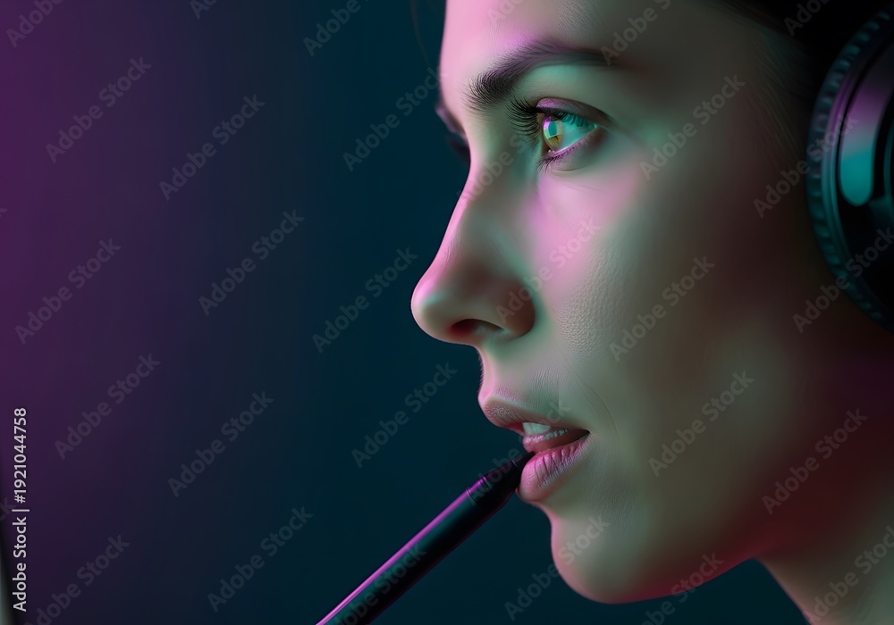 Fototapeta premium Concentrated Young Female Digital Artist Working with Pen Tablet and Headphones in Neon Lighting