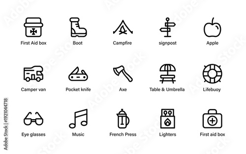 Camping Outdoor Adventure Travel Icons modern wilderness lifestyle symbols inspired by hiking, survival tools and nature activities