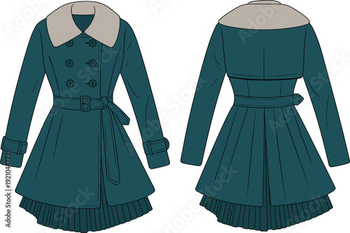 Elegant women’s winter trench coat with pleated hem, belt waist, wide lapel collar, long sleeve, front back cad sketch