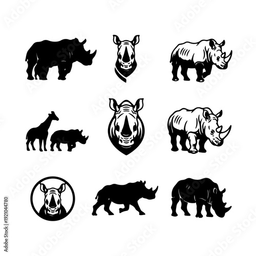 A collection of black and white rhinoceros illustrations in various poses and styles, including full body, headshots, and silhouettes, with one featuring a giraffe.