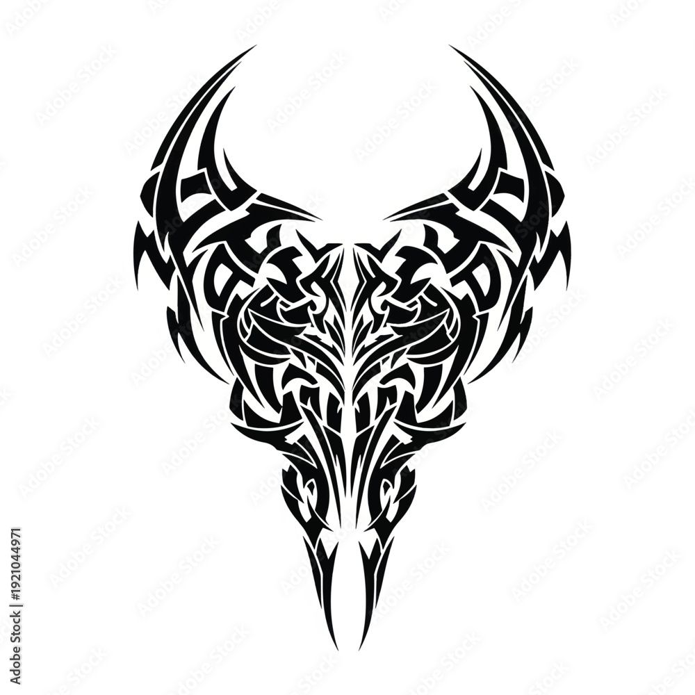 Fototapeta premium Intricate black tribal bull skull design suitable for tattoos, decor, and graphic art.
