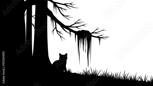 Domestic cat silhouette sitting under a mossy tree branch