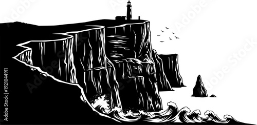 Dramatic sea cliff silhouette with lighthouse and crashing ocean waves