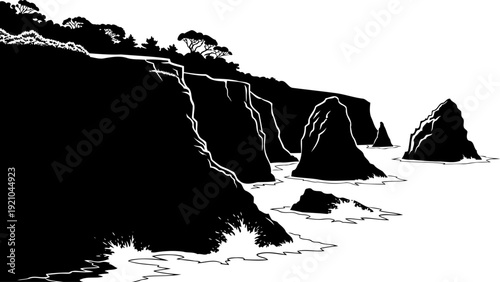 Dramatic coastal cliff silhouette with sea stacks and crashing waves