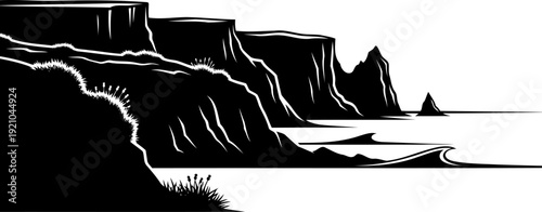 Dramatic coastal cliffs silhouette overlooking a calm sea with distant rocks