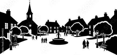 European village square silhouette with fountain and church