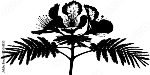 Exotic tropical flower silhouette with fern like leaves and petals
