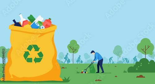 Yellow Recycling Bin with Trash and Man.