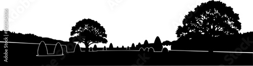 Formal garden landscape with topiary and oak trees silhouette