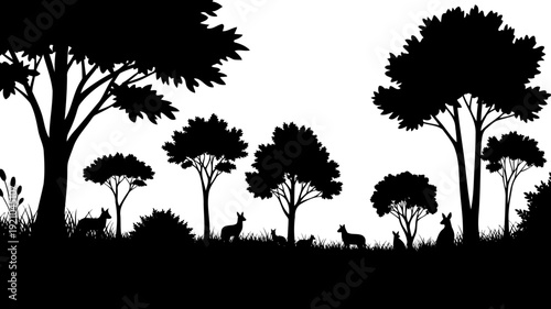 Forest landscape silhouette with deer grazing in a clearing