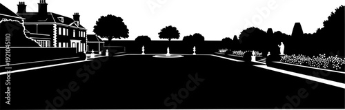 Formal manor house garden silhouette with statues and fountain