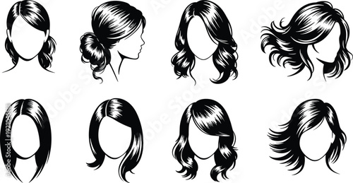 Elegant Female Face and Profile Silhouette Set with Diverse Hairstyles Including Ponytails Waves and Buns for Beauty Salon Branding Vector