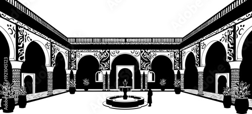 Fountain flowing in the center of a moorish courtyard