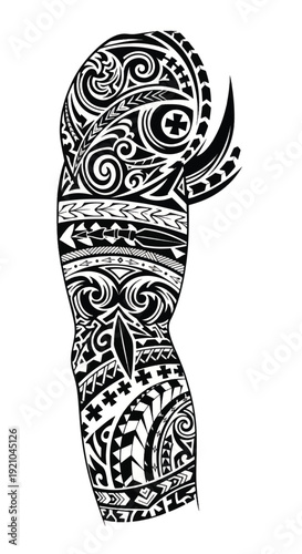 Intricate black and white tattoo sleeve design on forearm featuring swirling paisley motifs and ornamental linework.
