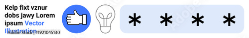 Business ideas, security, authentication, approval processes, design concepts, user interaction. Thumb up icon, lightbulb and password placeholders with asterisks. Security and business ideas theme