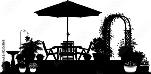 Garden patio furniture silhouette with umbrella and floral arch