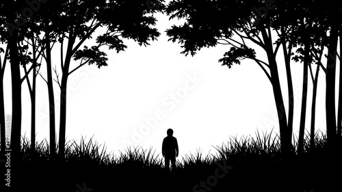 Lone figure standing in a forest clearing silhouette