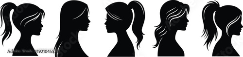 Elegant Female Profile Silhouette Set with Ponytail Long Hair and Messy Bun Styles Featuring Pearl Accessories for Beauty Salon Branding