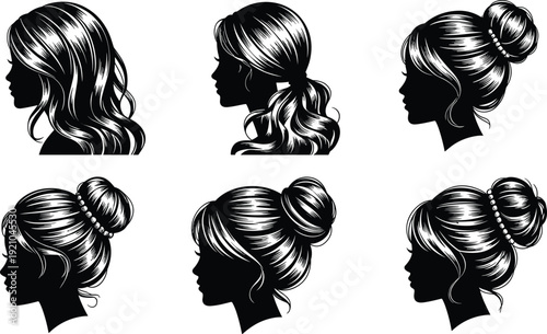 Elegant Female Profile Silhouette Set with Ponytail Long Waves and Bun Hairstyles Featuring Pearl Accessories for Beauty Salon Vector Graphics