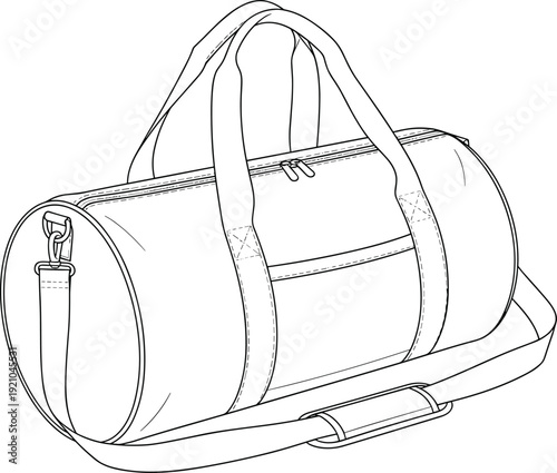Black-and-white line drawing of cylindrical duffel bag with handles, shoulder strap, zipper closure, external pocket, and detailed stitching seams